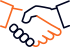 "Minimalist handshake icon with one hand outlined in orange and the other in navy blue, symbolizing partnership and trust."