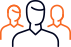 "Minimalist icon of three people, with the central figure in navy blue and two side figures in orange, representing a team or group of members."