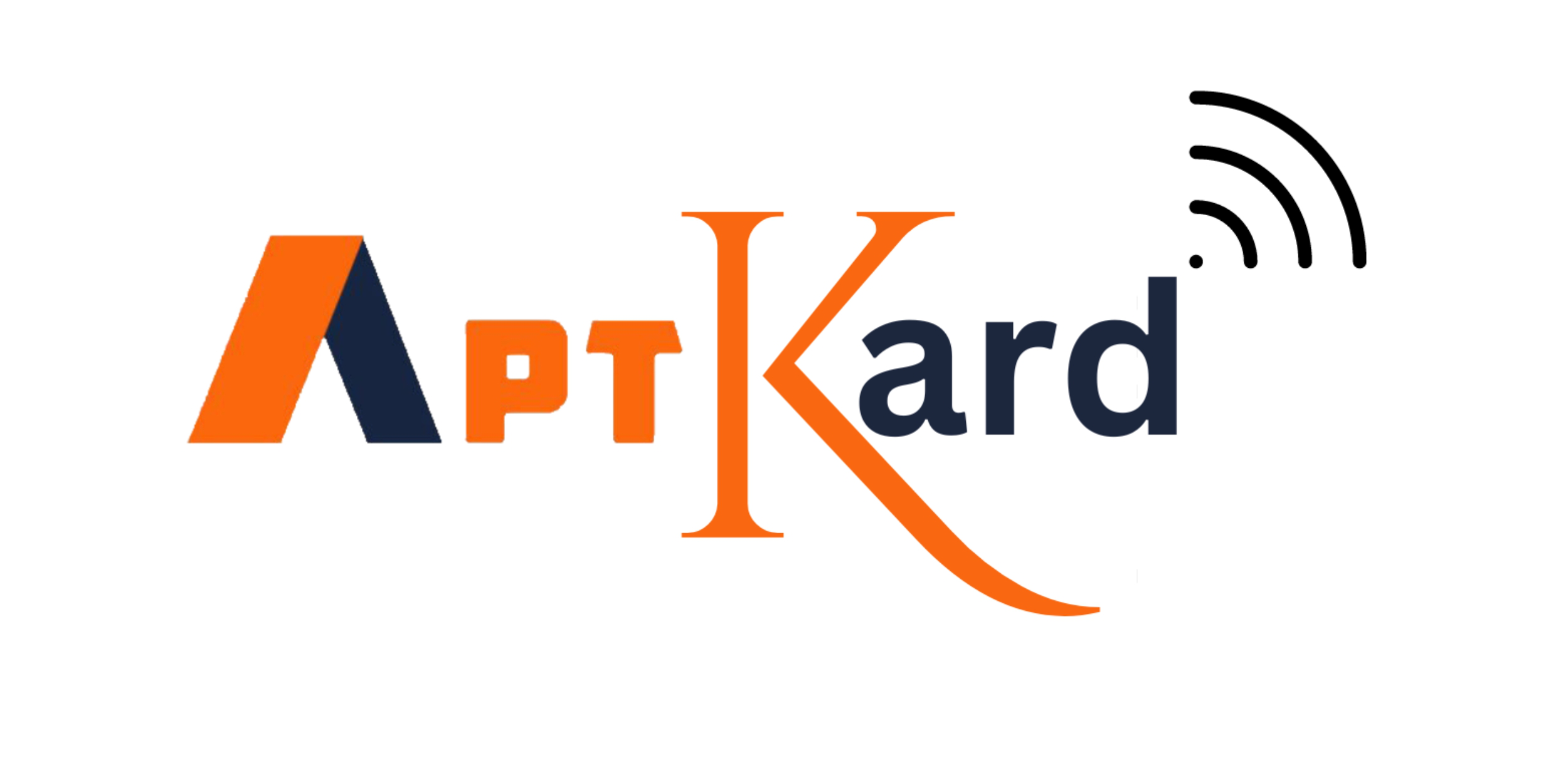 "AptKard logo with stylized orange and navy blue letter ‘A’, bold orange ‘pt’, and elegant orange ‘K’ flowing into navy blue ‘ard’, topped with black wireless signal waves."