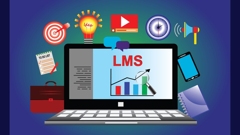"A graphic illustration of a laptop screen displaying 'LMS' with a chart and magnifying glass, representing a Learning Management System. Surrounding the laptop are icons related to productivity and learning, including a target with an arrow, a lightbulb labeled 'Idea,' a play button for video content, a clock, a megaphone, a smartphone, a notebook, a to-do list, and a briefcase. The background features a gradient from blue to green, giving a professional and educational theme."