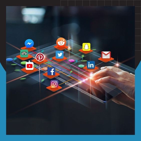 Hand using tablet with floating social media icons for digital marketing and communication