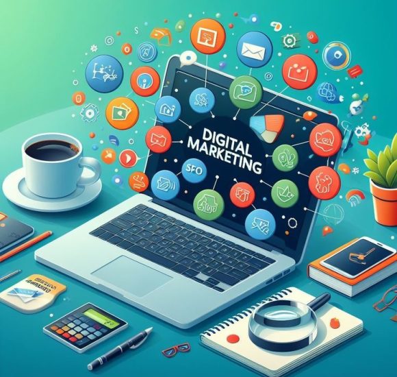 Laptop displaying digital marketing tools with icons, notebook, and smartphone on desk.